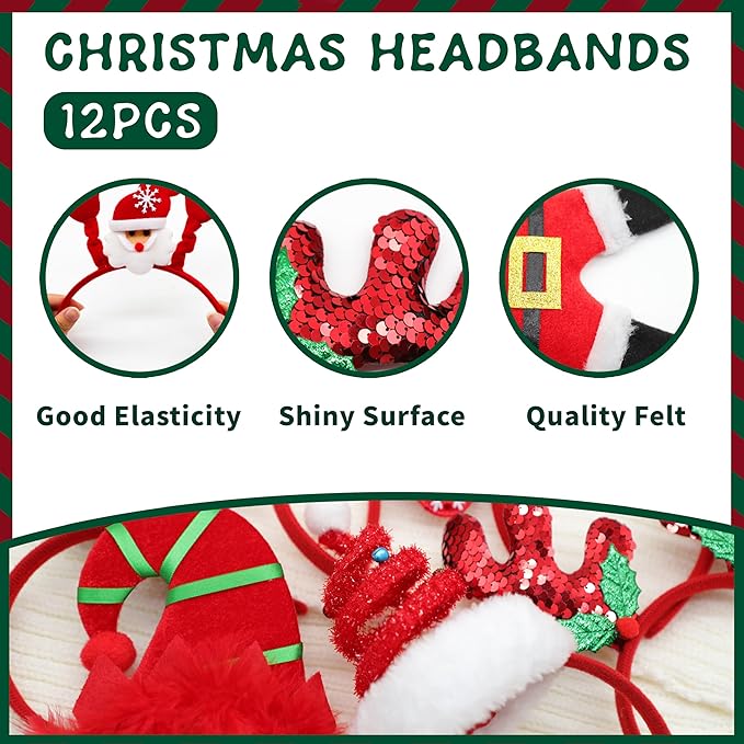 MNKXL 12PCS Christmas Headbands for Adults Bulk,Xmas Headwear Party Favors for Women,Santa Hat Headband