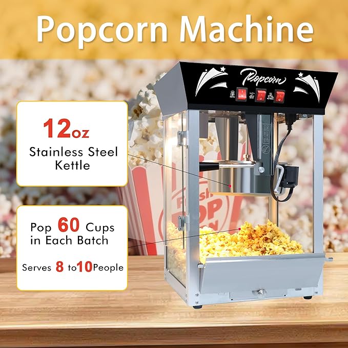 Commercial Popcorn Machine 12Oz with Warming Light, Makes 60 Cups, Theater Style Stainless Steel Popper with Tempered Glass - for Home Theater, Parties & Business, Black