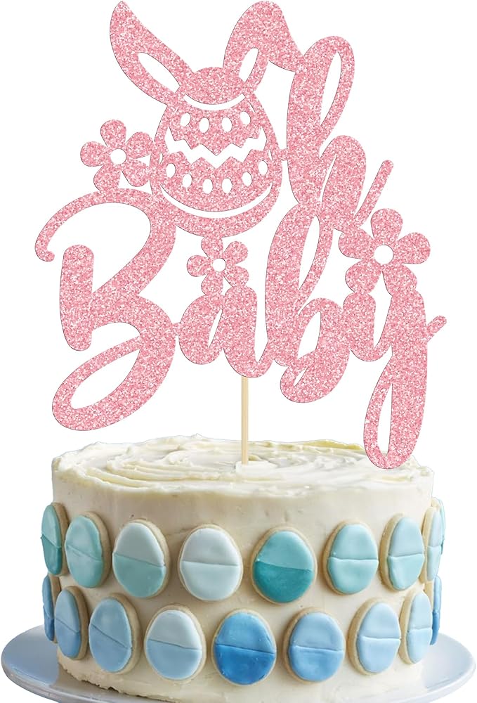 Ephlyn 1Pcs Happy Easter Oh Baby Cake Topper Pink Glitter Easter Bunny Baby Shower Cake Topper Decorations for Easter Day Theme Baby Shower Birthday Party Supplies