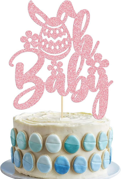 Ephlyn 1Pcs Happy Easter Oh Baby Cake Topper Pink Glitter Easter Bunny Baby Shower Cake Topper Decorations for Easter Day Theme Baby Shower Birthday Party Supplies