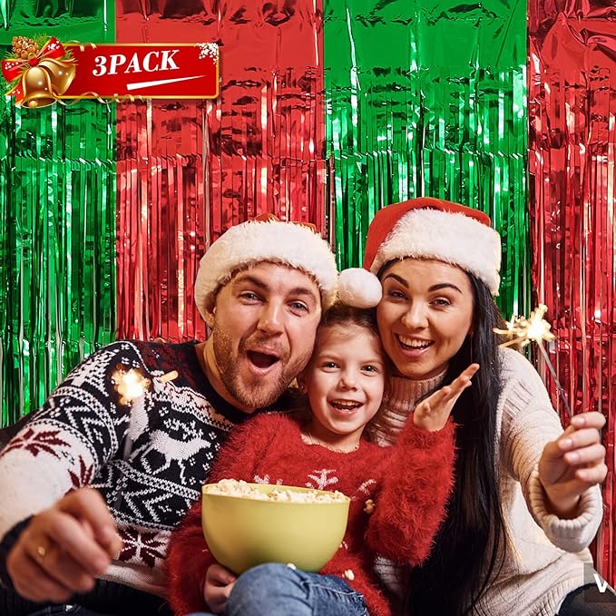 3 Pack Christmas Party Decorations, Red and Green Tinsel Foil Fringe Curtains,Ugly Sweater theme Photo Booth Prop Streamer Backdrop decor Indoor outdoor Party Supplies for Happy New Year party