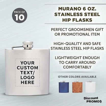 Custom Murano Stainless Steel Hip Flasks 6 oz. Set of 10, Personalized Bulk Pack - Screw on Cap, Great for Wedding Party Gifts, Groomsmen Gifts, Outdoor Activities - Silver