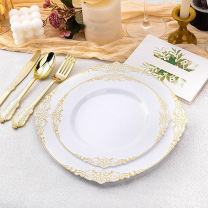 200 PCS White and Gold Plastic Plates for 100 Guests, Gold Disposable Plates Include 100 PCS Dinner Plates, 100 PCS Dessert Plates for Party, Wedding and Graduation