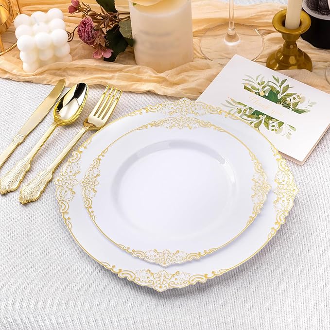 100 PCS White and Gold Plastic Plates for 50 Guests, Gold Disposable Plates Include 50 PCS Dinner Plates, 50 PCS Dessert Plates for Party, Wedding and Graduation