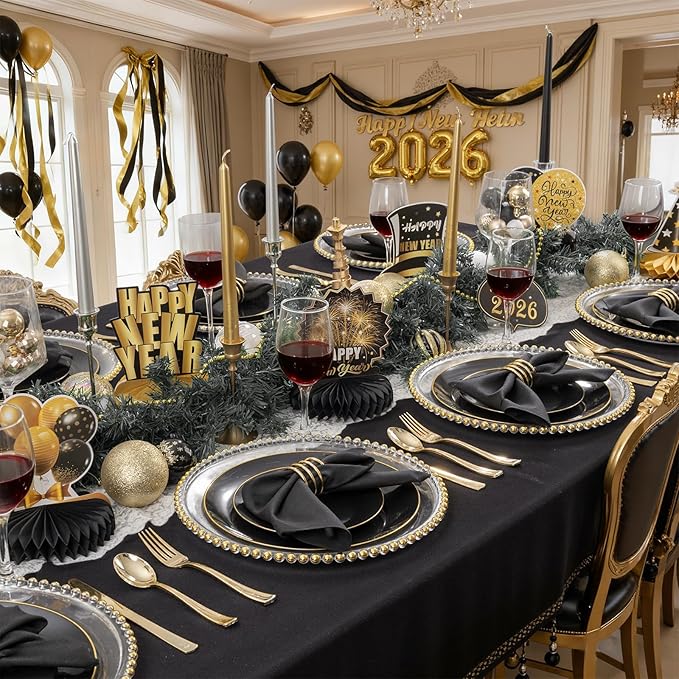 KIRE 60PCS Black Plastic Plates - Black Disposable Plates with Gold Rim for Halloween Party/Graduation - Include 30Pcs 10.25inch for Dinner and 30Pcs 7.5inch for Dessert