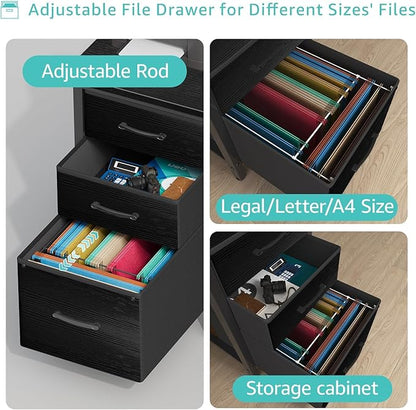 Lufeiya Computer Desk with Fabric File Drawers Cabinet, 55 Inch Reversible Home Office Desks with Filing Cabinet, Study Writing Table PC Desks with Storage for Bedroom, Black