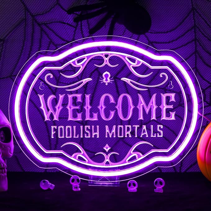 Horseneon Welcome Foolish Mortals Christmas Neon Sign Haunted Mansion LED Wall Decor for Door Mab Cave Light Horror Movie Parties & Themed Bars Spooky Flicker Effect Christmas Gifts