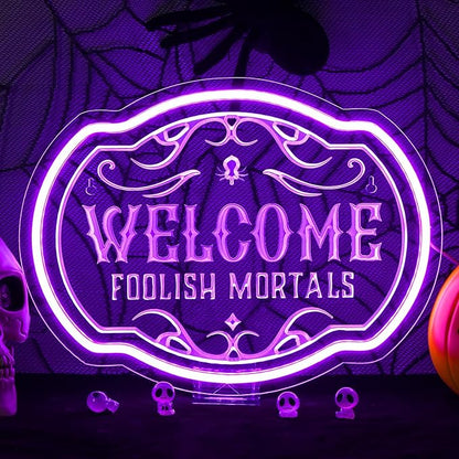 Horseneon Welcome Foolish Mortals Christmas Neon Sign Haunted Mansion LED Wall Decor for Door Mab Cave Light Horror Movie Parties & Themed Bars Spooky Flicker Effect Christmas Gifts