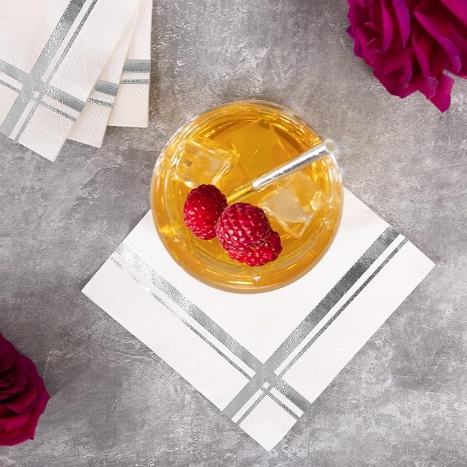 Silver on White Cocktail Napkins - 100 Pack, 5" x 5", 3-Ply Paper - Style Name: Blissful Crossing
