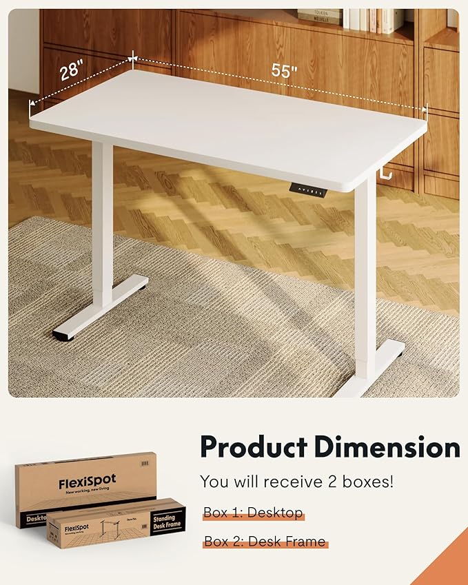 FLEXISPOT EN1 One-Piece Standing Desk with 1-Inch Thick Desktop, 55"x28" Electric Height Adjustable Desk for Home Office & Multi-Device Workstations, White(White Frame)