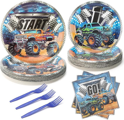 96pcs Party Plates Monster Truck Tableware Set Paper Plates Round for 24 Guests Monster Jam Disposable Party Table Supplies Kids Birthday Party Picnic (Include Plates, Forks and Napkins)