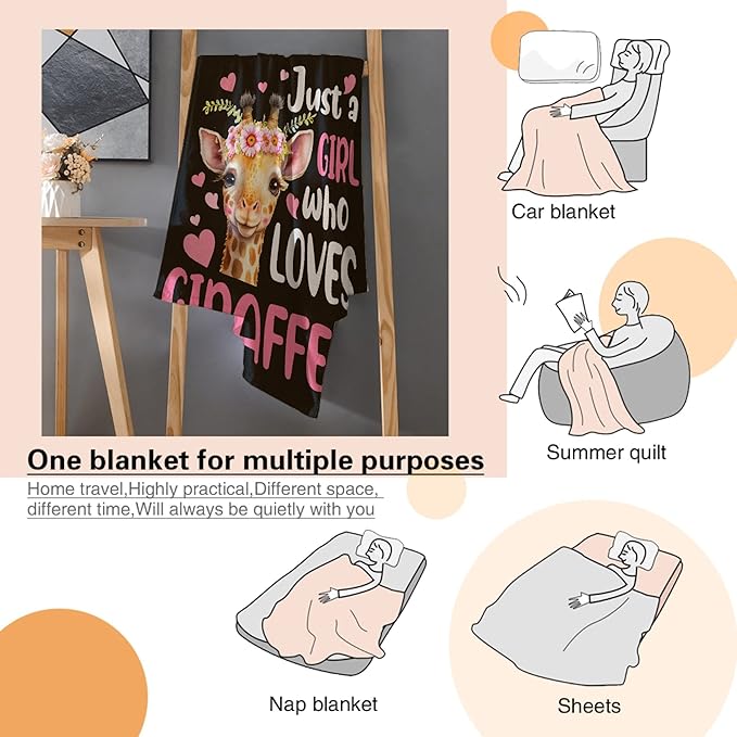Just A Girl Who Loves Giraffes Blanket Lightweight Cozy Flannel Fleece Throw Blanket Best Gift Home Decor for Bed Couch Outdoor Camping 80"x60" Queen for Adults
