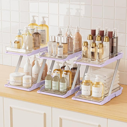 3 Pack Bathroom Organizers and Storage - Multi-Purpose,2-Tier Clear Pull Out Organization for Bathroom,Under Sink,Kitchen,Vanity,Countertop,Cabinet,Pantry & Medicine Cabinet,Pink
