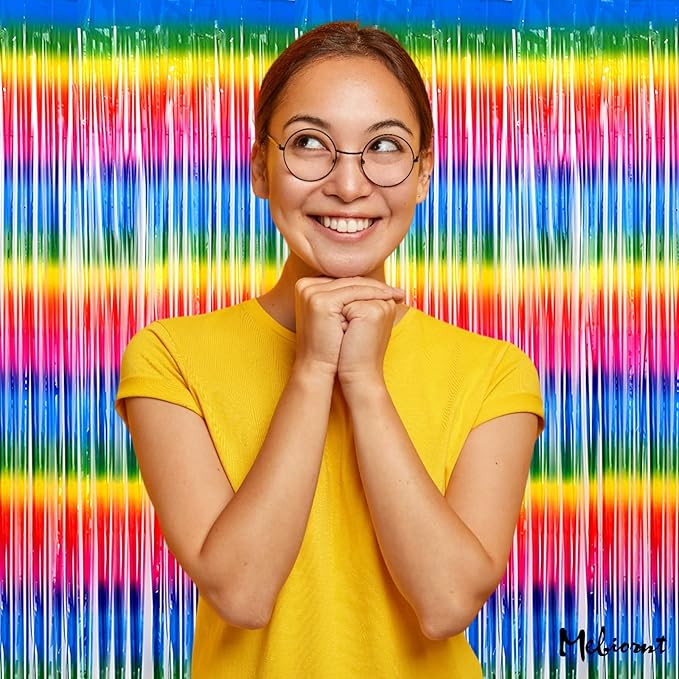4 Pack Dark Rainbow Fringe Curtain Backdrop, 3.2Ft x 8.2Ft Metallic Tinsel Foil Fringe Streamers Background for Photo Booth Birthday Wedding Baby Shower Carnival Easter Mother’s Day Party Decorations