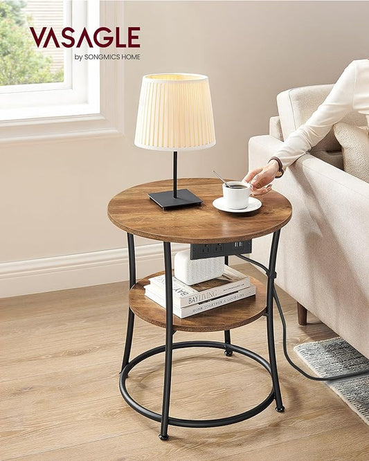VASAGLE 21.7-Inch Round Side Table, 2-Tier End Table with Power Outlets, Nightstand with Steel Frame, Spacious Top, for Small Spaces, Living Room, Bedroom, Honey Brown and Ink Black ULET077K02