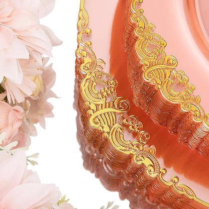 Hioasis 175pcs Clear Pink Plastic Plates - Elegant Disposable Dinnerware Set Suitable for 25 Guests Include 10.25" Dinner & 7.5" Dessert Plates, Cutlery, Napkins, Cups for Party & Wedding