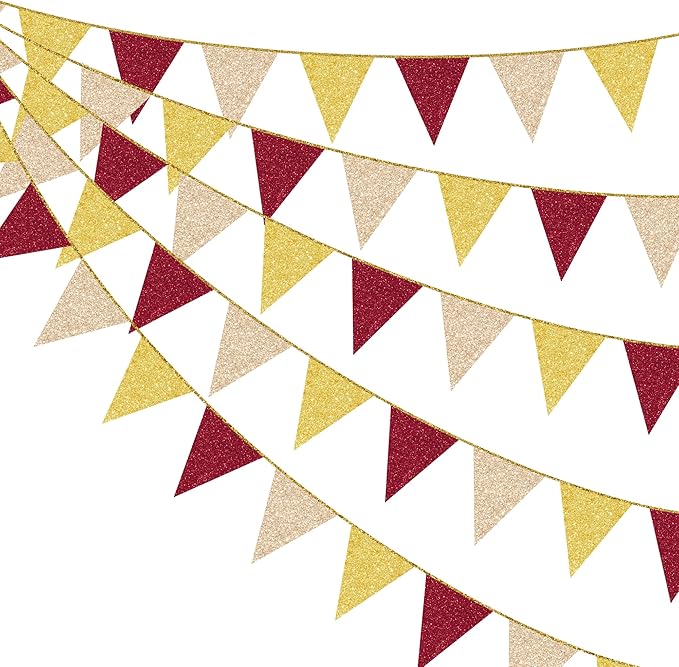 Maroon Gold Party Pennant Banner Flag Burgundy Champagne Gold Triangle Hanging Glitter Paper Bunting for Birthday Graduation Baby Shower Bridal Shower Wedding Bachelorette Engagement Party Decorations