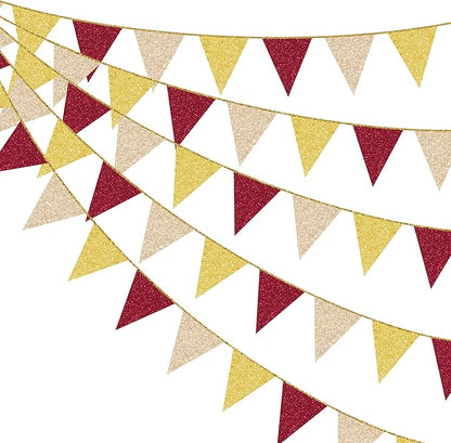 Maroon Gold Party Pennant Banner Flag Burgundy Champagne Gold Triangle Hanging Glitter Paper Bunting for Birthday Graduation Baby Shower Bridal Shower Wedding Bachelorette Engagement Party Decorations