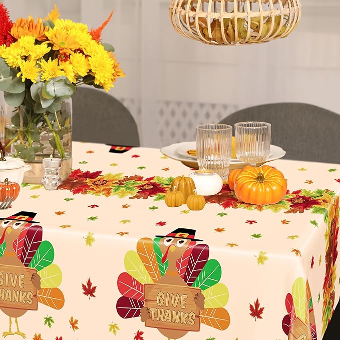 QZYL 3 Pack Thanksgiving Tablecloths, 54" x 108" Fall Disposable Table Cloth, Maple Leaves Turkey Tablecloth Rectangle Plastic Tablecover, Thanksgiving Table Decor Fall Decorations for Home