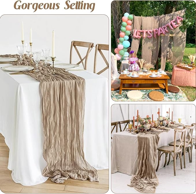 12 Pack Nude Cheesecloth Table Runner,10ft Boho Light Brown Cheese Cloth Table Runner Long Tan Gauze Runner for Wedding Party Bridal Baby Shower Christmas Table Decor
