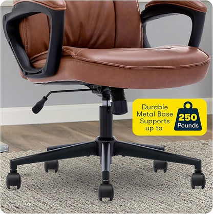 Serta Hannah Executive Home Office Desk Chair, Ergonomic Mid-Back with Lumbar Support, Firm Seat Cushion, Layered Body Pillows, Padded Armrests, Swivel Base, Easy Assembly, Bonded Leather, Cognac
