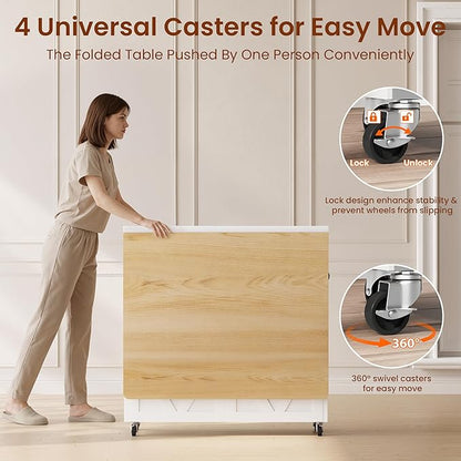 Space Saving Folding Dining Table for 2-4, Farmhouse Foldable Dining Table with Drawer and Storage Shelf, 6 Wheels Drop Leaf Kitchen Dining Room Table for Small Space (Natural, 47.2" x 23.6" x 29.9")