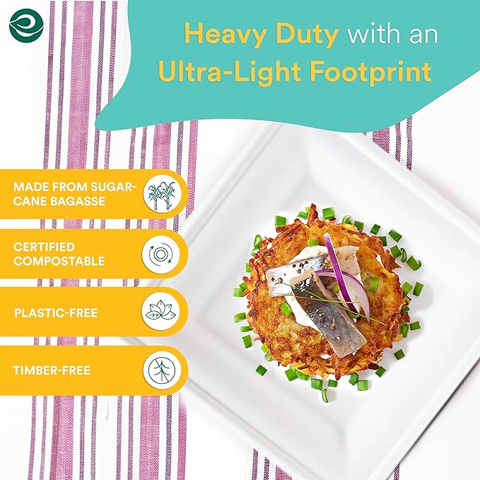 ECO SOUL Compostable Square Paper Plates 6 Inch (400 Count) for Thanksgiving Dessert, Heavy Duty, Eco-Friendly Sugarcane Bagasse Small Plates For Appetizer- White