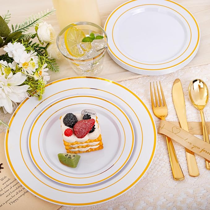 bUCLA 150PCS Gold Plastic Dinnerware Set Disposable - Heavy Duty Gold Plates Include 25 Dinner & 25 Dessert Plates,25 Forks,25 Knives,25 Spoons&25 Cups for Party&Wedding