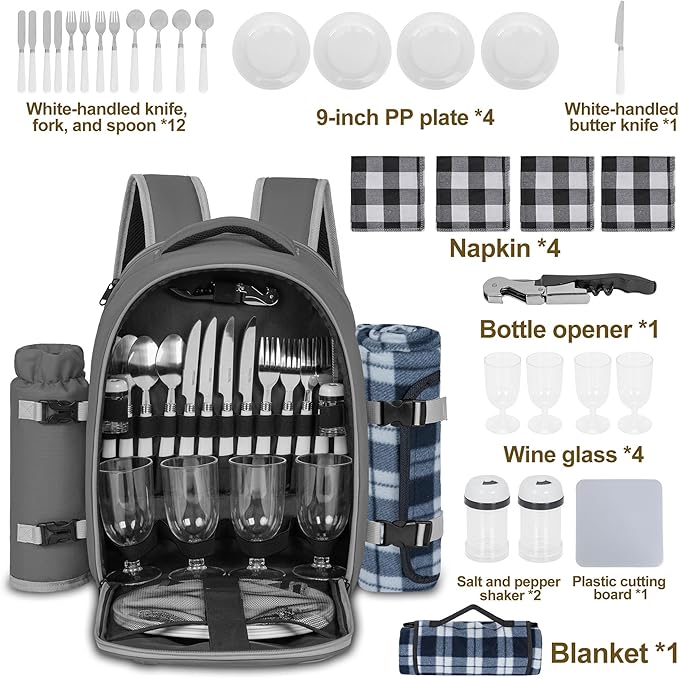Picnic Backpack for 4 Persons with Insulated Leakproof Cooler Compartment, Cutlery Sets, Wine Holder, Fleece Blanket, Wedding Gifts for Couples, Perfect for Beach, Camping, Hiking, Grey