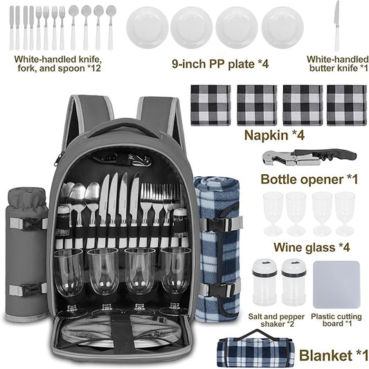 Picnic Backpack for 4 Persons with Insulated Leakproof Cooler Compartment, Cutlery Sets, Wine Holder, Fleece Blanket, Wedding Gifts for Couples, Perfect for Beach, Camping, Hiking, Grey