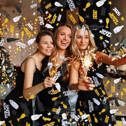 2026 Happy New Year Confetti, New Years Eve Table Decorations, Glitter Gold Black and Silver Star Wine Bottle Sprinkles Champagne Table Scatter Confetti Party Winter Holiday Table Decorations