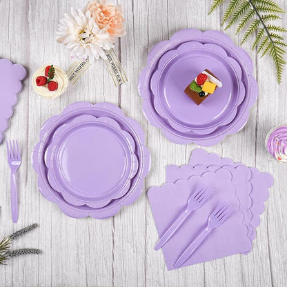96 Pcs Purple Paper Plates and Napkins Set Party Supplies, Tableware set for 24 Guest include Disposable Purple Scalloped Plates, Napkins and Forks for Baby Shower Bridal Shower Wedding