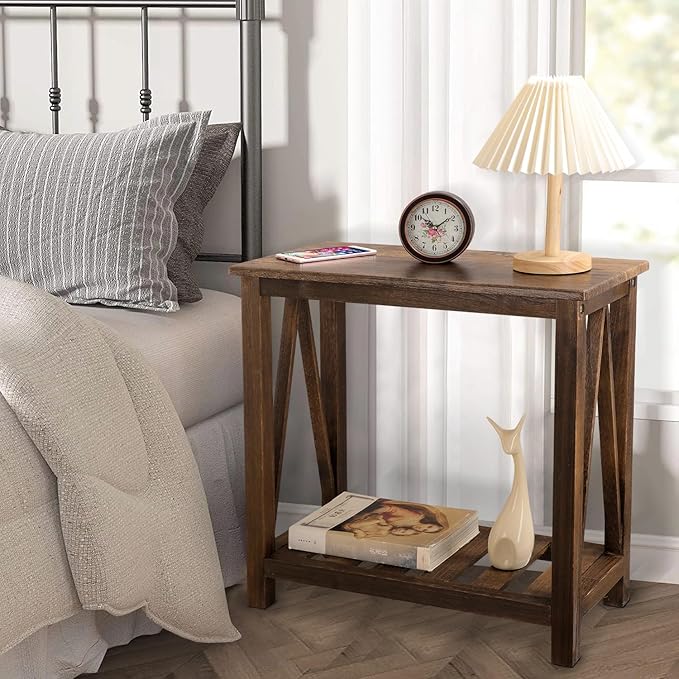 End Side Table with Storage Shelf Rectangle Narrow Nightstand Console Tables Brown Smooth End Table for Small Spaces Industrial Accent Side Table for Living Room Bathroom Bedroom