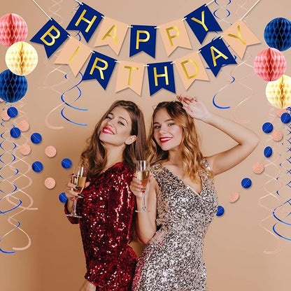 Navy Rose Gold Birthday Decorations with Happy Birthday Banner, Paper Honeycomb Balls, Circle Garland and Hanging Swirl Decorations