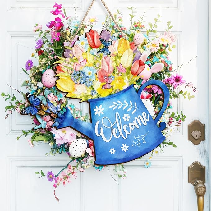 Kercan Easter Cross Wall Decoration with Purple Fabric, White Lily Flowers and Dove, He is Risen Wood Sign, 14.2x9.8 Inch Religious Home Decor (Water Can)
