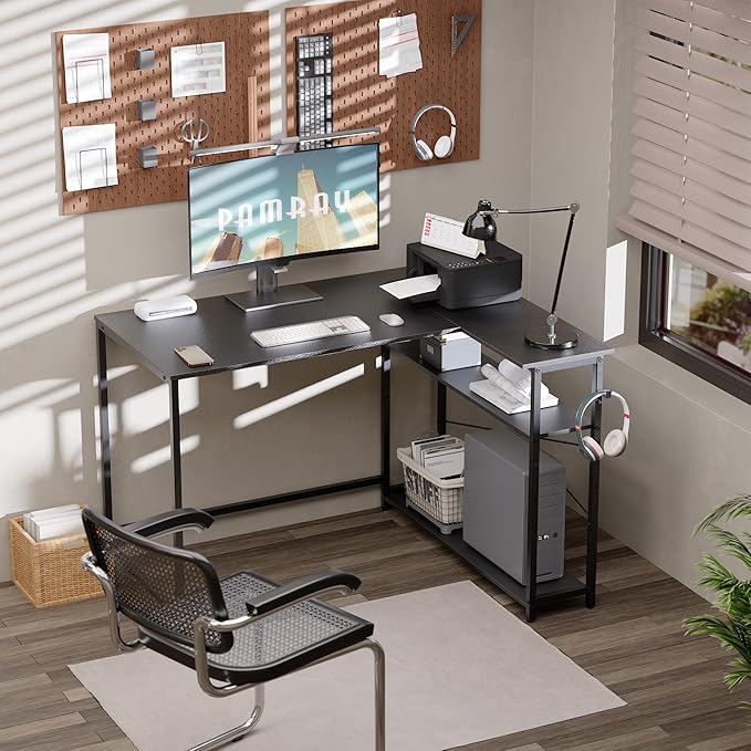 Pamray 43 Inch L Shaped Computer Desk with Reversible Side Storage Shelves, Small Corner Desk for Small Space Home Office,Writing Study Table Gaming PC Desk for Bedroom,Black