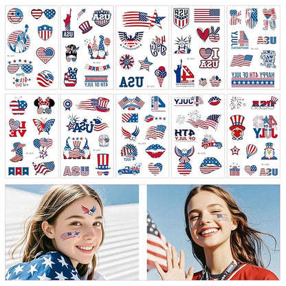 4th of July Temporary Tattoos - 80 Pcs Independence Day American Flag Red White and Blue Tattoos for Kids,Memorial Day,Labor Day,Fourth of July Party Decorations and USA Party Favors 10 Sheets
