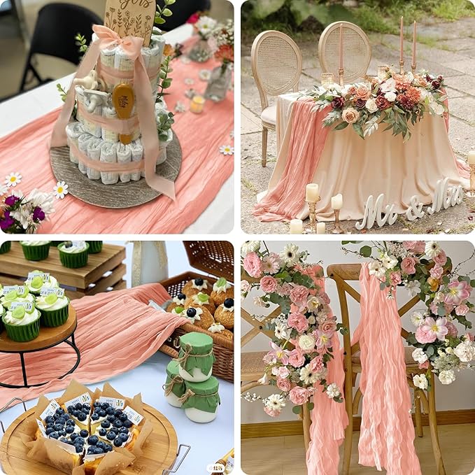 10 Pack Coral Peach Cheesecloth Table Runner 10FT Sheer Coral Cheese Cloth Table Runners Boho Gauze 120 Inches Table Decorations for Wedding Bridal Baby Shower Fall Thanksgiving Decor