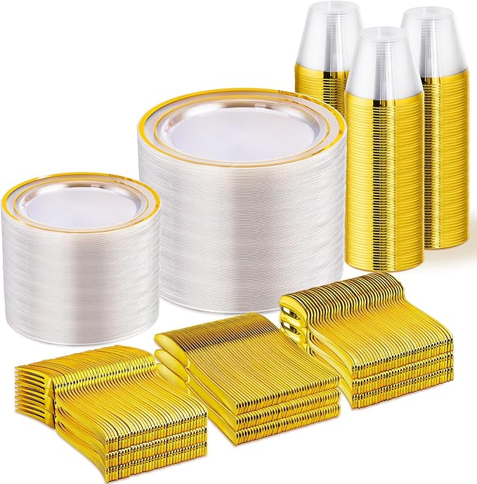 WELLIFE 600 PCS Clear Gold Disposable Dinnerware Set for 100 Guests, Clear and Gold Plastic Plates, Gold rimmed Plastic Dinner & Salad Plates,Cups,Silverware Set for Wedding