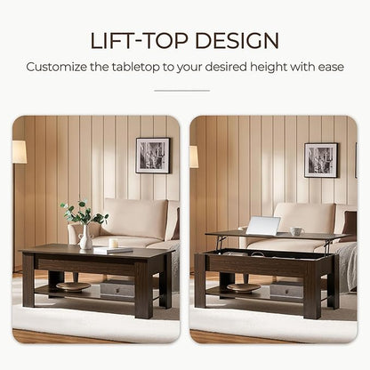 Yaheetech Lift Top Coffee Table with Hidden Compartment and Storage Shelf, Rising Tabletop Dining Table for Living Room Reception Room, 47.5in L, Espresso