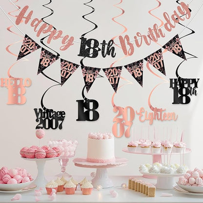18th Birthday Decorations for Girls, Black Rose Gold Happy 18th Birthday Banner Hanging Swirls Vintage 2007 Birthday Decorations Kit Hello 18 Party Supplies
