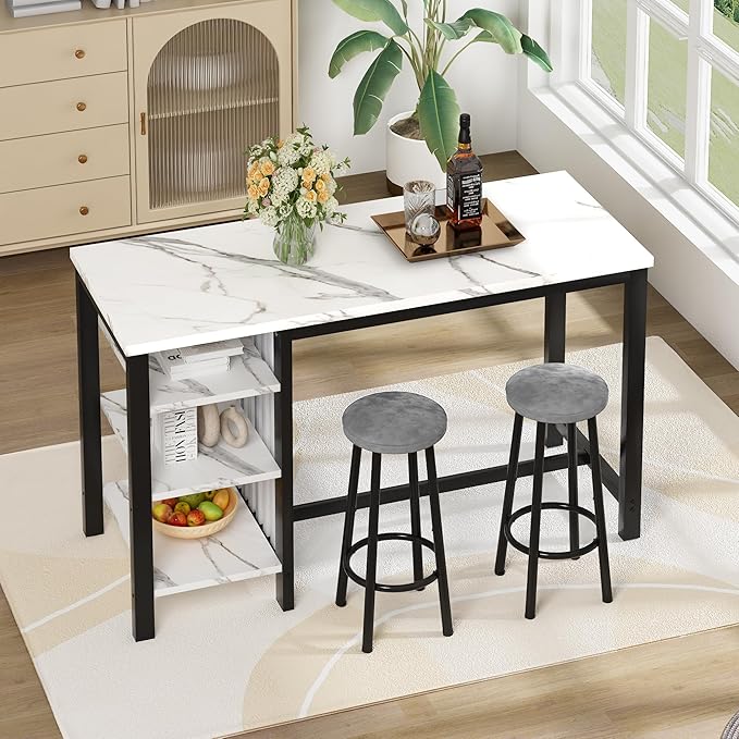AWQM Bar Table Set with Storage Shelves, 47" Modern White Faux Marble Breakfast Table with 2 Velvet Stools, 3-Piece Dining Set for 2, Space Saving Table for Kitchen/Dining Room/Living Room/Studio