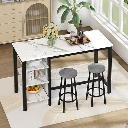 AWQM Bar Table Set with Storage Shelves, 47" Modern White Faux Marble Breakfast Table with 2 Velvet Stools, 3-Piece Dining Set for 2, Space Saving Table for Kitchen/Dining Room/Living Room/Studio