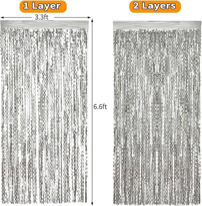 4 Pack 3.3x6.6ft Silver Foil Fringe Backdrop - Wavy Metallic Tinsel Foil Curtains Photo Booth Backdrop for Birthday Wedding Holiday | Silver Streamers Celebration Bachelorette Party Decorations
