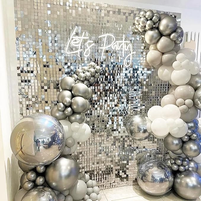 Silver Shimmer Wall Backdrop,Shiny Sequins,48 Pcs Sequins Backdrop Decoration Panels,Photo Background Decorations for Birthday Party Wedding Engagement Anniversary Graduation Baby Shower