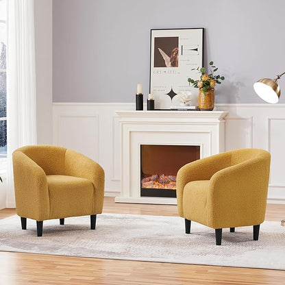 Yaheetech Accent Chairs for Living Room, Furry Barrel Chairs Set of 2, Sherpa Chairs with Soft Padded Armrest, Club Chairs for Bedroom Waiting Room Office, Mustard Yellow