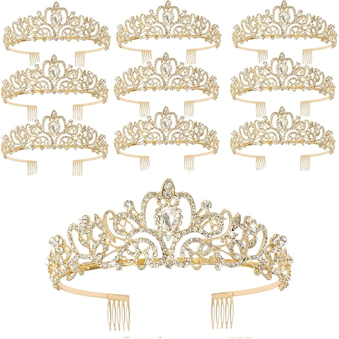 CIEHER 10 PCS Gold Crowns for Women, Crystal Queen Crown Princess Tiaras for Prom Birthday Party Halloween Costume