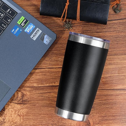 20oz Stainless Steel Tumbler Bulk with Lid, Travel Mug - Double Wall Vacuum Powder Coated Cup - Black, 6 Pack