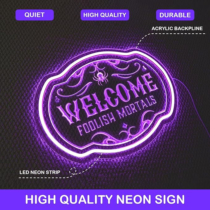 Horseneon Welcome Foolish Mortals Christmas Neon Sign Haunted Mansion LED Wall Decor for Door Mab Cave Light Horror Movie Parties & Themed Bars Spooky Flicker Effect Christmas Gifts