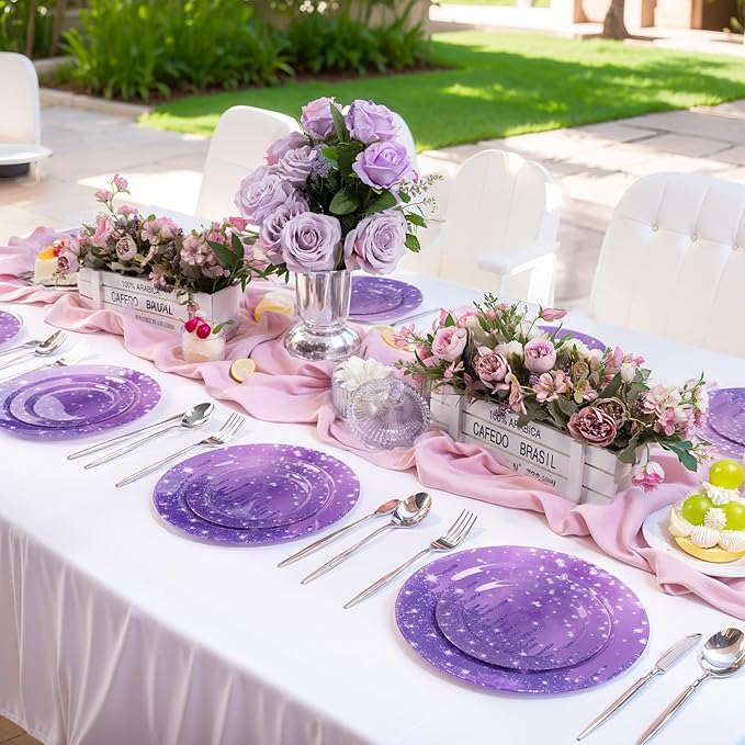 WELLIFE 20PCS Purple Glitter Plates – Diamond Plastic Dinner & Dessert Plates (10×9.2" + 10×6.3"), Reusable Purple Party Plates for Christmas, New Year’s Eve & Girls Birthday